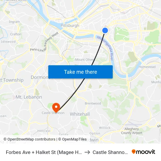 Forbes Ave + Halket St (Magee Hospital) to Castle Shannon,  PA map