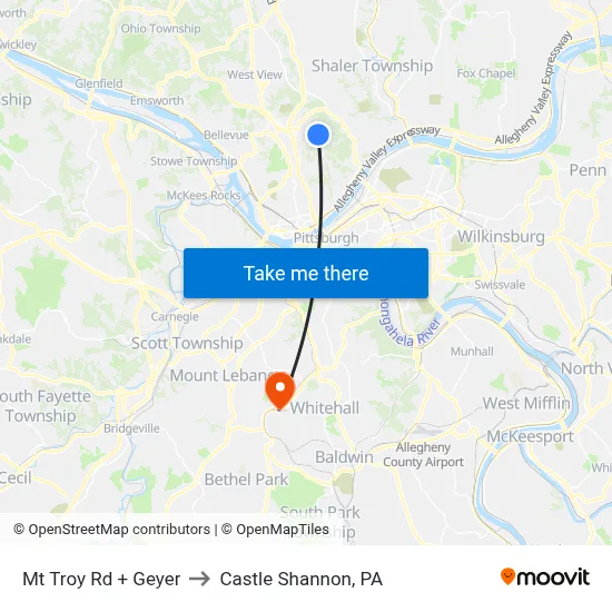 Mt Troy Rd + Geyer to Castle Shannon,  PA map