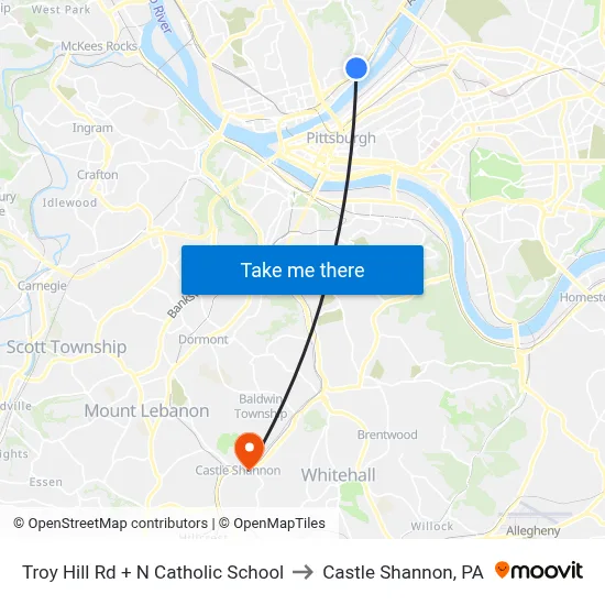 Troy Hill Rd + N Catholic School to Castle Shannon,  PA map