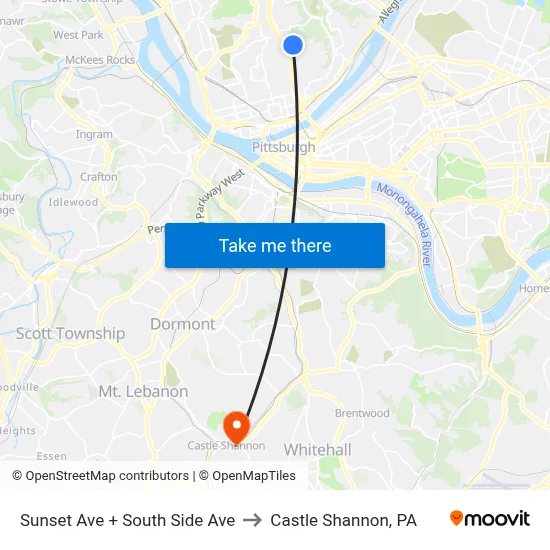 Sunset Ave + South Side Ave to Castle Shannon,  PA map