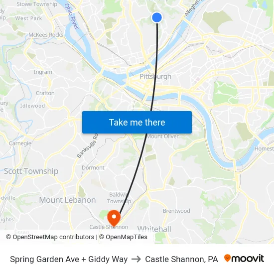 Spring Garden Ave + Giddy Way to Castle Shannon,  PA map
