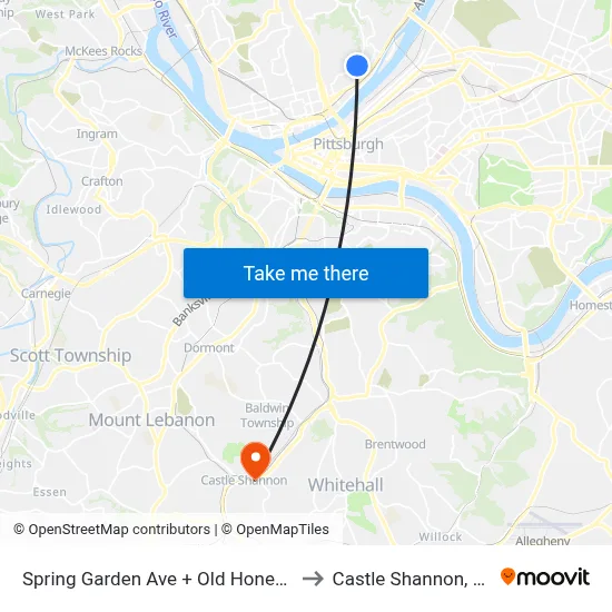 Spring Garden Ave + Old Honesty to Castle Shannon,  PA map