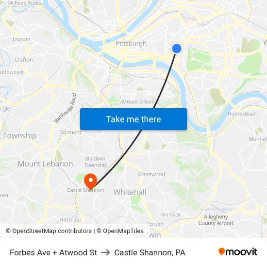 Forbes Ave + Atwood St to Castle Shannon,  PA map