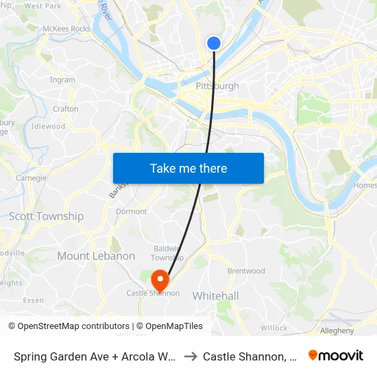 Spring Garden Ave + Arcola Way to Castle Shannon,  PA map