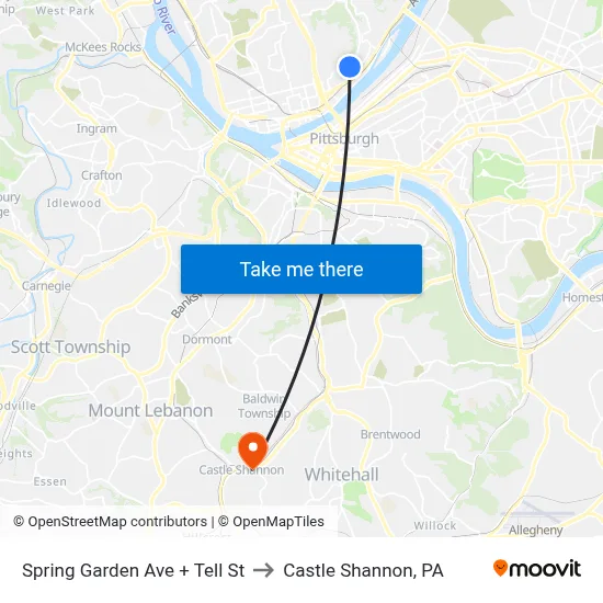 Spring Garden Ave + Tell St to Castle Shannon,  PA map