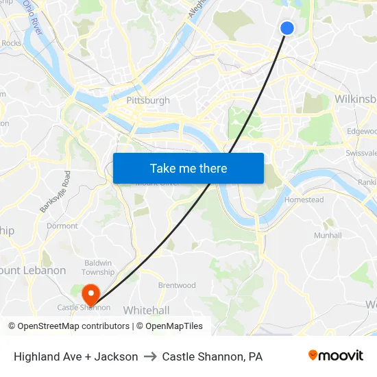 Highland Ave + Jackson to Castle Shannon,  PA map