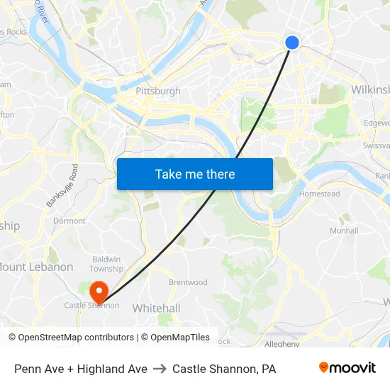 Penn Ave + Highland Ave to Castle Shannon,  PA map