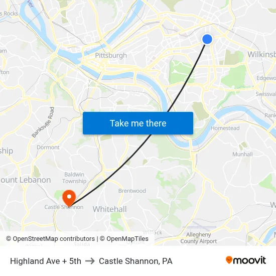 Highland Ave + 5th to Castle Shannon,  PA map