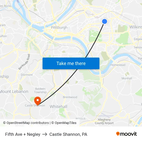 Fifth Ave + Negley to Castle Shannon,  PA map