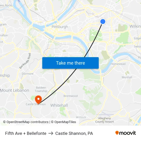 Fifth Ave + Bellefonte to Castle Shannon,  PA map