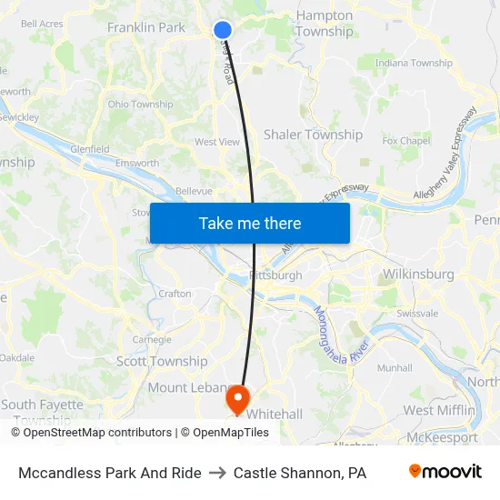 Mccandless Park And Ride to Castle Shannon,  PA map