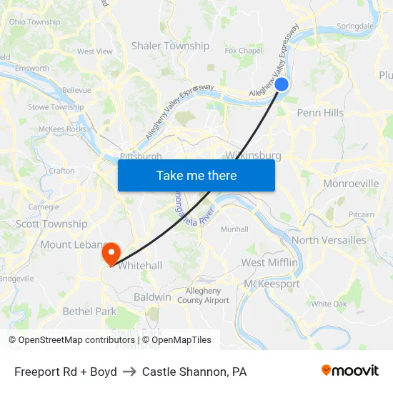 Freeport Rd + Boyd to Castle Shannon,  PA map