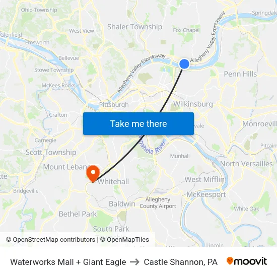 Waterworks Mall + Giant Eagle to Castle Shannon,  PA map