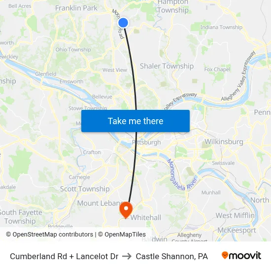 Cumberland Rd + Lancelot Dr to Castle Shannon,  PA map