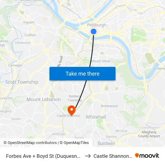 Forbes Ave + Boyd St (Duquesne Univ) to Castle Shannon,  PA map
