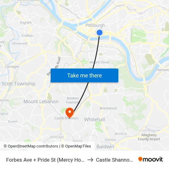 Forbes Ave + Pride St (Mercy Hospital) to Castle Shannon,  PA map