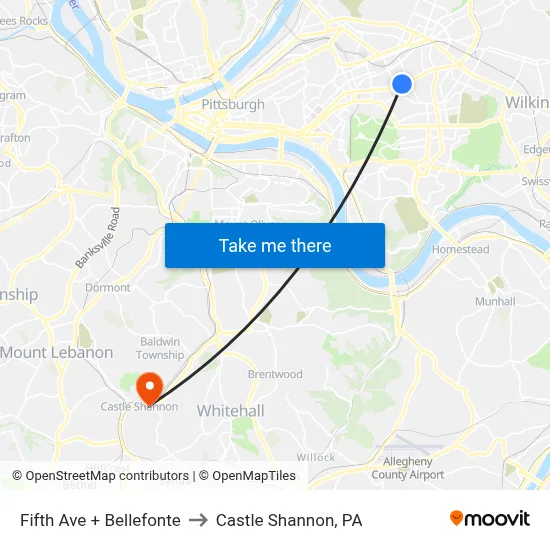Fifth Ave + Bellefonte to Castle Shannon,  PA map