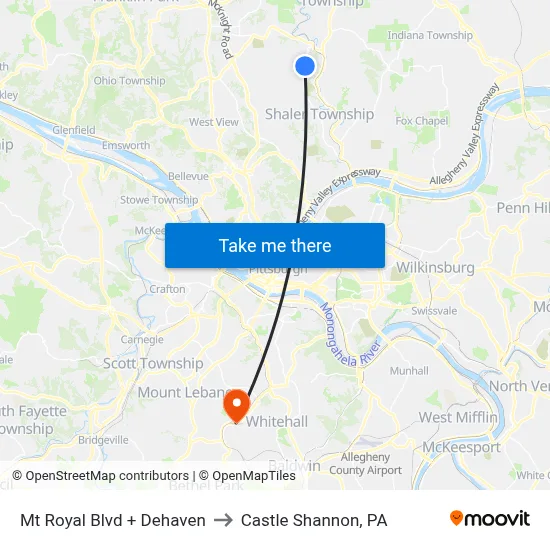 Mt Royal Blvd + Dehaven to Castle Shannon,  PA map