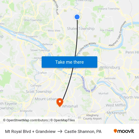 Mt Royal Blvd + Grandview to Castle Shannon,  PA map