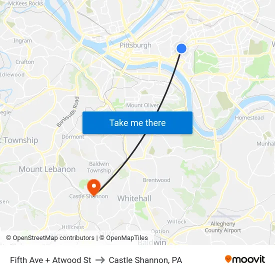 Fifth Ave + Atwood St to Castle Shannon,  PA map