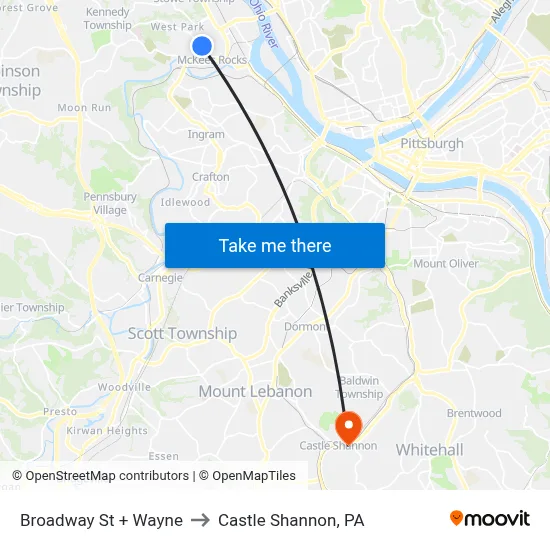 Broadway St + Wayne to Castle Shannon,  PA map