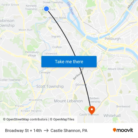 Broadway St + 14th to Castle Shannon,  PA map