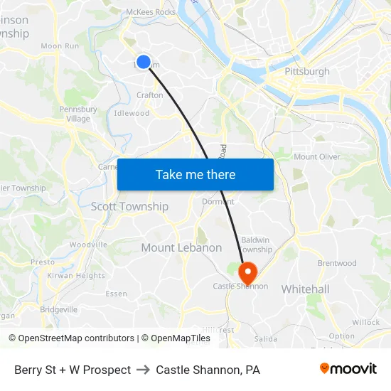 Berry St + W Prospect to Castle Shannon,  PA map