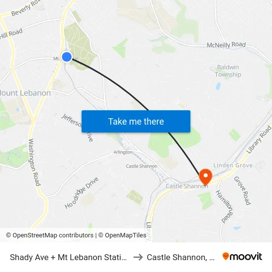 Shady Ave + Mt Lebanon Station to Castle Shannon,  PA map