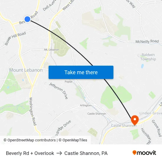 Beverly Rd + Overlook to Castle Shannon,  PA map