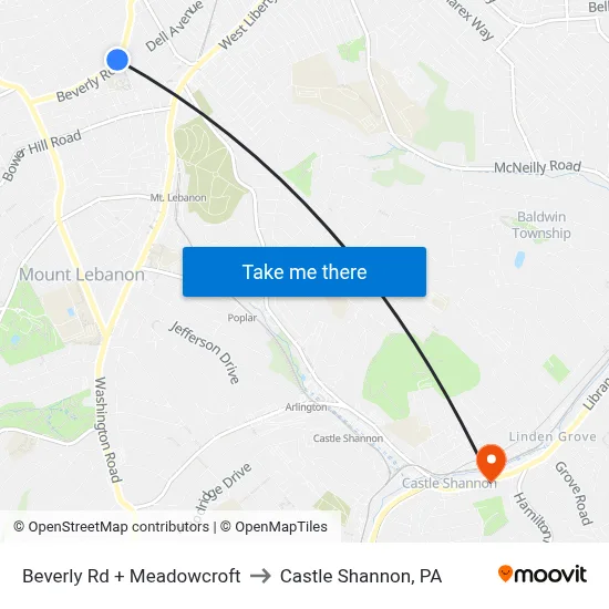 Beverly Rd + Meadowcroft to Castle Shannon,  PA map