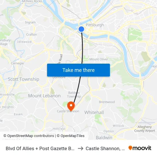 Blvd Of Allies + Post Gazette Bldg to Castle Shannon,  PA map