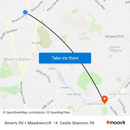 Beverly Rd + Meadowcroft to Castle Shannon,  PA map