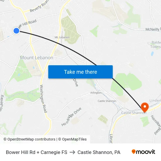 Bower Hill Rd + Carnegie FS to Castle Shannon,  PA map
