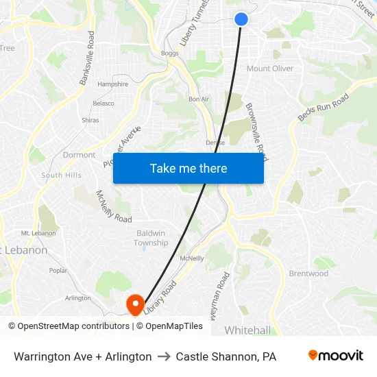 Warrington Ave + Arlington to Castle Shannon,  PA map