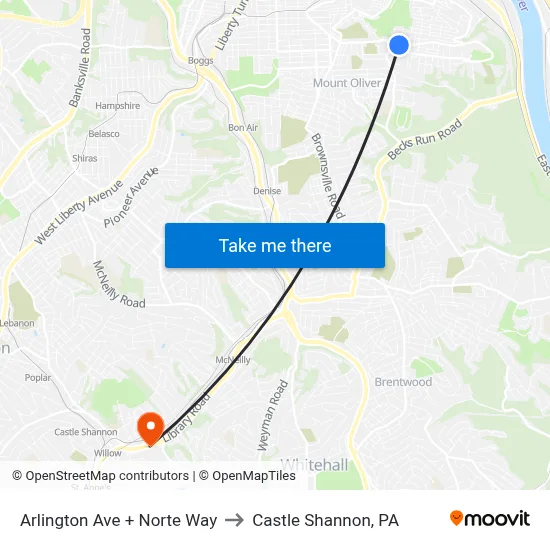 Arlington Ave + Norte Way to Castle Shannon,  PA map