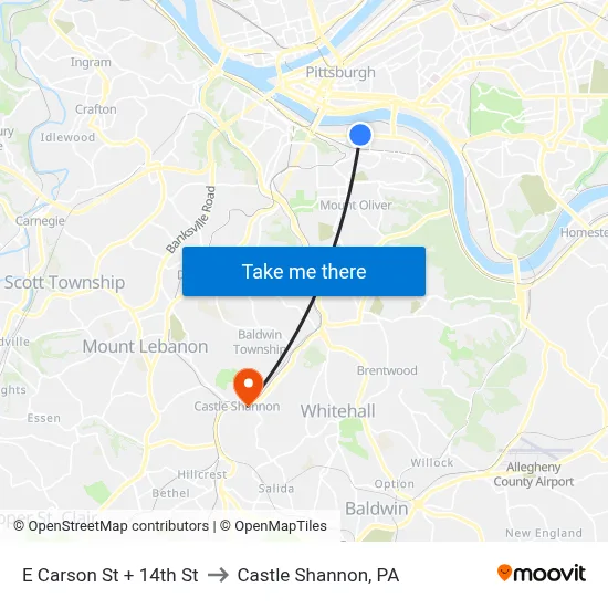 E Carson St + 14th St to Castle Shannon,  PA map