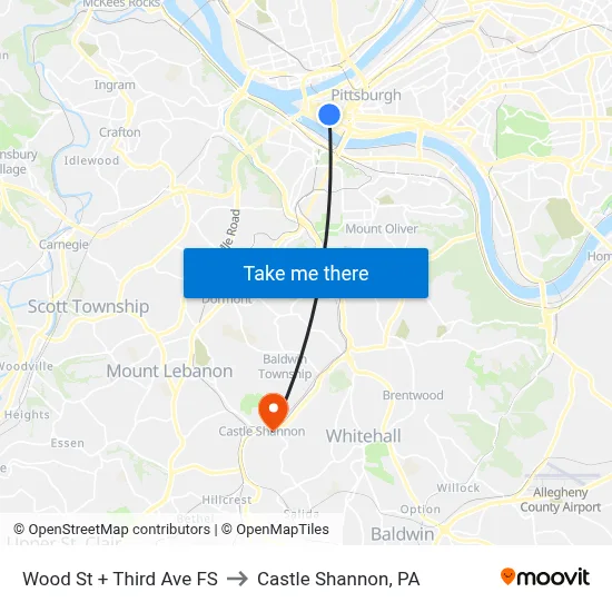 Wood St + Third Ave FS to Castle Shannon,  PA map