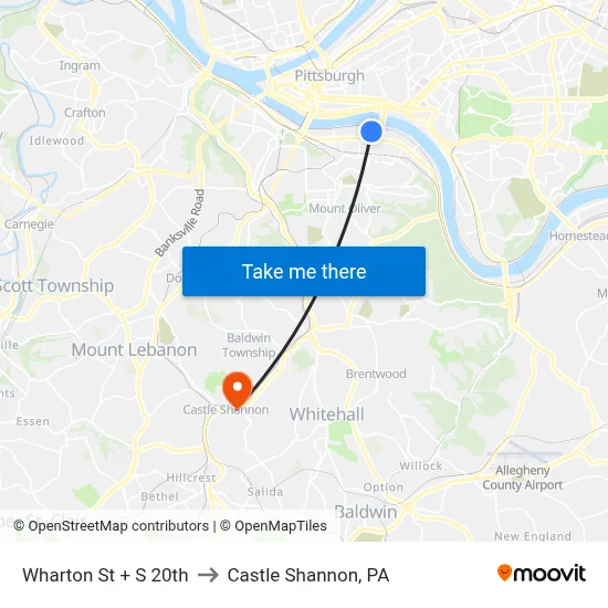 Wharton St + S 20th to Castle Shannon,  PA map