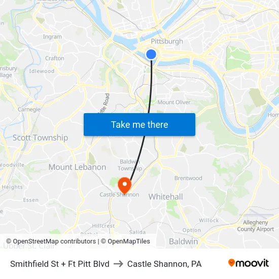 Smithfield St + Ft Pitt Blvd to Castle Shannon,  PA map