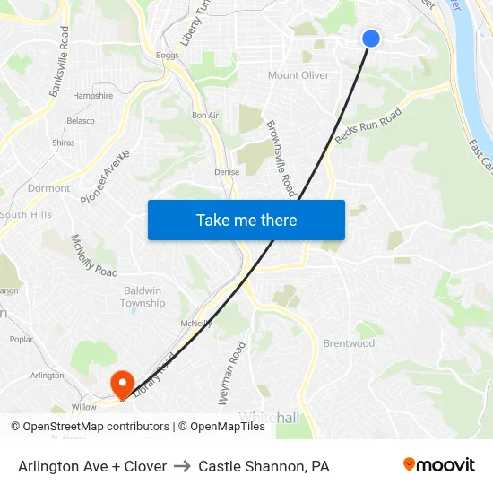 Arlington Ave + Clover to Castle Shannon,  PA map