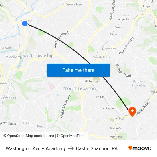 Washington Ave + Academy to Castle Shannon,  PA map