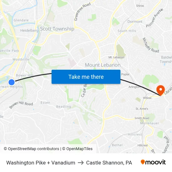 Washington Pike + Vanadium to Castle Shannon,  PA map