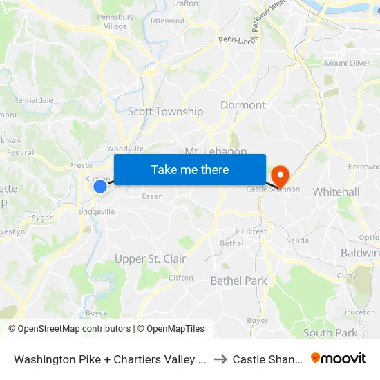 Washington Pike + Chartiers Valley Shopping Center to Castle Shannon,  PA map