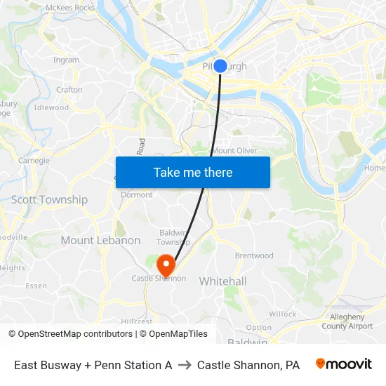 East Busway + Penn Station A to Castle Shannon,  PA map