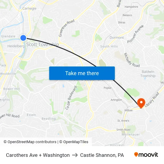 Carothers Ave + Washington to Castle Shannon,  PA map
