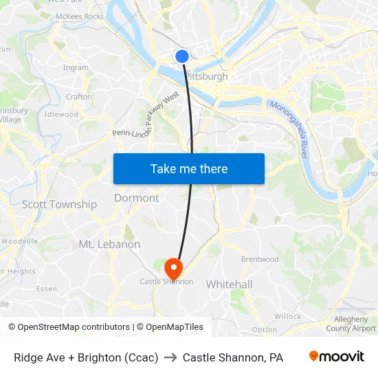 Ridge Ave + Brighton (Ccac) to Castle Shannon,  PA map