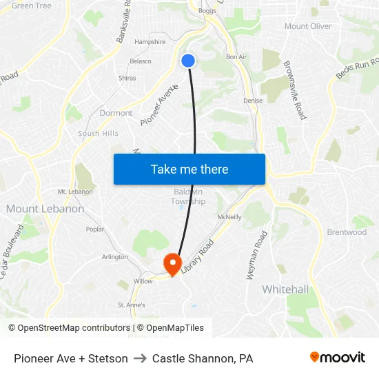 Pioneer Ave + Stetson to Castle Shannon,  PA map