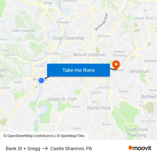 Bank St + Gregg to Castle Shannon,  PA map