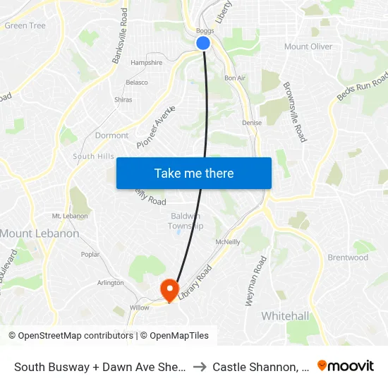 South Busway + Dawn Ave Shelter to Castle Shannon,  PA map