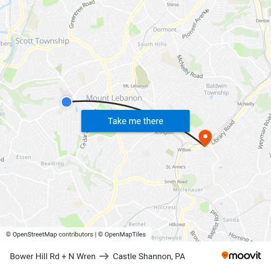 Bower Hill Rd + N Wren to Castle Shannon,  PA map